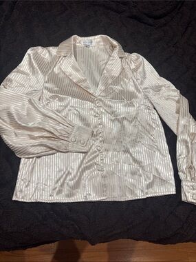 Rene Lezard Cream Satin Stripe Button-Down Blouse